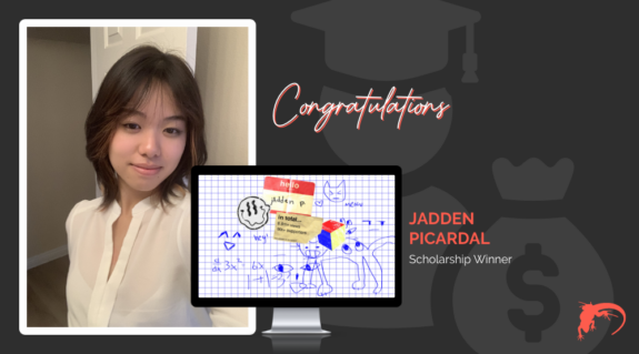A congratulations graphic for Jadden Picardal as the Lounge Lizard Web Design Scholarship winner for spring 2023. Features her homepage design on a desktop.