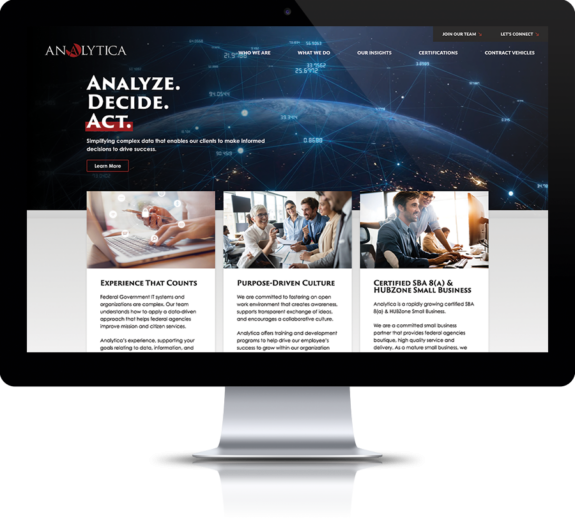 The Analytica website is shown on a desktop computer after a redesign.