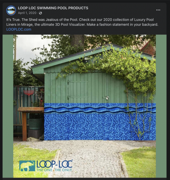Facebook ad picturing backyard shed with pool liner paint job