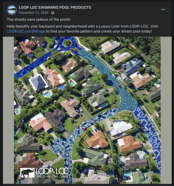 Facebook ad picturing an aerial shot of a suburban neighborhood with pool patterns on the streets