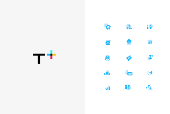 Twisthink's new icons are shown in sky blue at right and the black and multi-colored letter marks are at left.