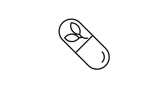 A black and white drawing of a capsule with plant leaves.