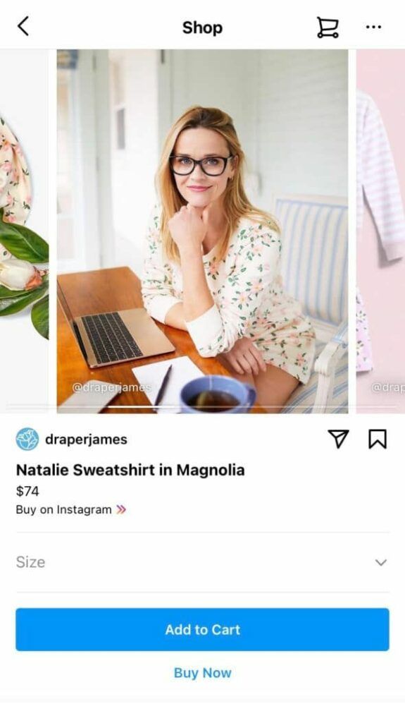 Screenshot of an apparel Instagram shopping account with a “Add to Cart” button