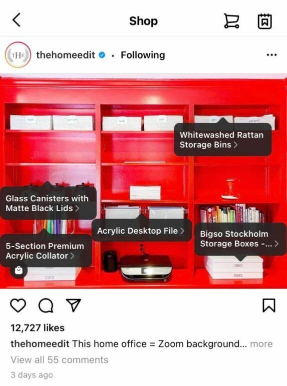 Screenshot of a home décor Instagram shopping account with a “view products” tab and product tags.