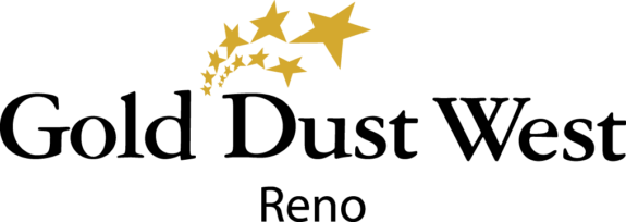 A Gold Dust West Reno logo with black copy and gold stars.