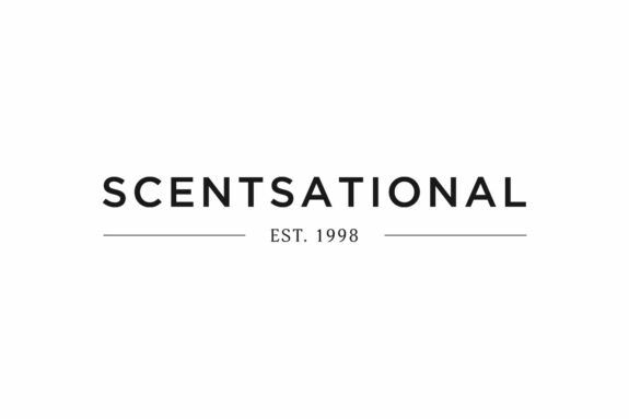 Black and white Scentsational company logo.