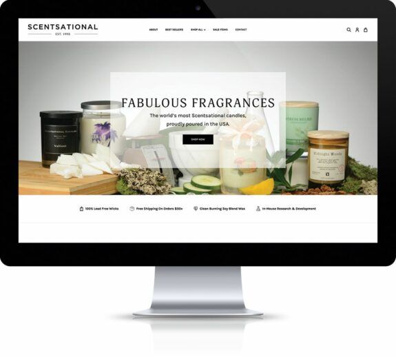 The Scentsational website page about fragrances is displayed on a laptop.