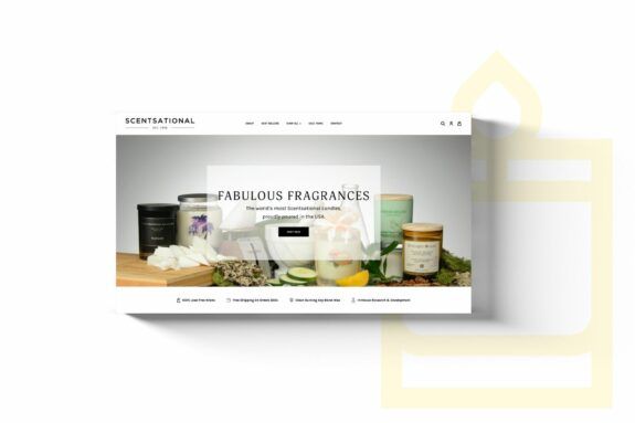 The Scentsational homepage sits on top of a yellow candle graphic.