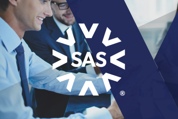 Image of team members successfully working on client project overlayed with SAS logo.