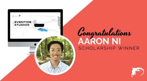 Portrait of Aaron Ni with screenshot of his winning website design for the 2022 Lounge Lizard Web Design Scholarship