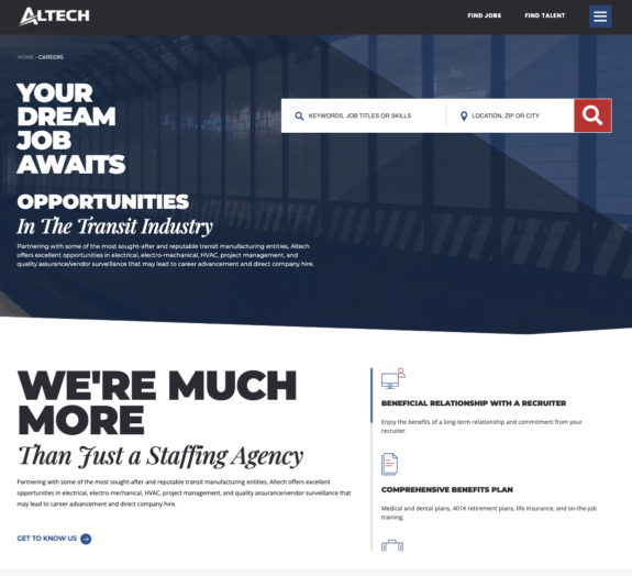 This new Altech Services website features a robust and user-friendly careers page with a photo of building windows overlayed with a blue filter.