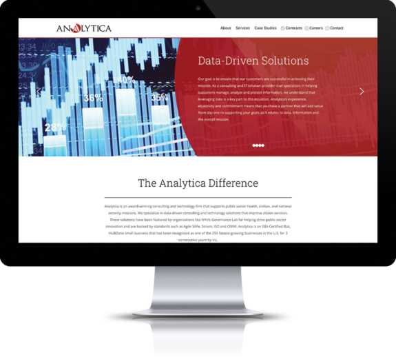 The Analytica website is shown on a desktop computer before a redesign.