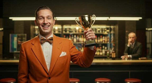 Photographic illustration in Associated Press style, heroic scale. A smiling vintage businessman wearing an orange retro suit and bow tie, proudly holding a golden trophy. Background: a retro-style bar set against a sleek, futuristic cityscape. Use warm autumnal colors, soft lighting, and muted tones to create a cozy yet inspirational atmosphere. Emphasize contrast between nostalgic and modern elements. --v 5 --ar 3:2 --style photographic