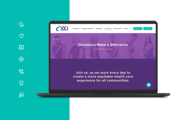 The donation webpage for CCI Health Services is mainly purple and turquoise.
