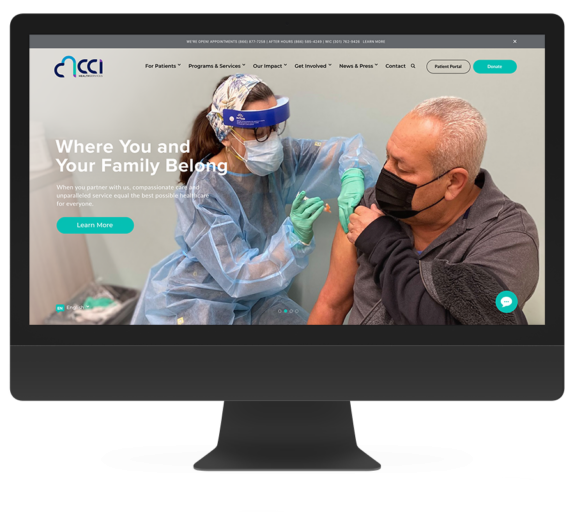 A patient is shown getting vaccinated on new CCI Heath Services website, which is displayed on a desktop.
