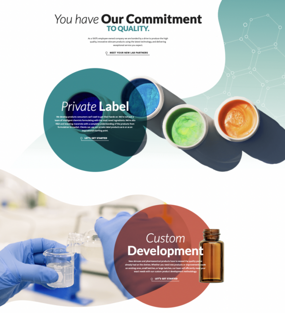 The Private Label and Custom Development portion of the CoValence Laboratories website features bright blue, green, and orange makeup and a chemist working with a glass beaker.