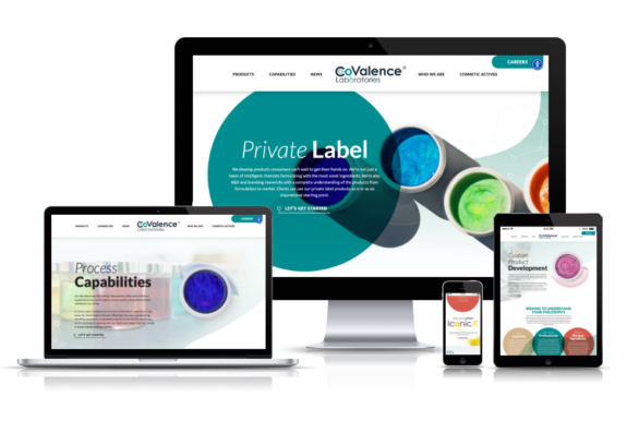 The new web design for CoValence Laboratories is shown on a laptop, desktop, smartphone, and tablet.