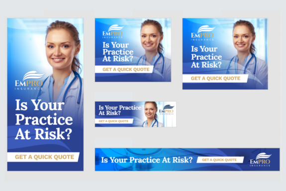 Five sizes of an ad with a young doctor.