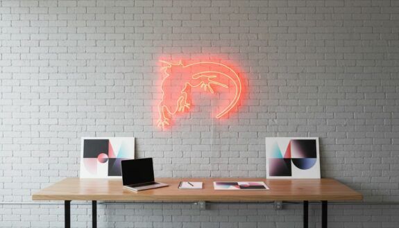 Gemini 2.5 flash image_Bright_modern_creative_studio_loft_light_gray_brick_wall_a_large_coral_neon_liza 0