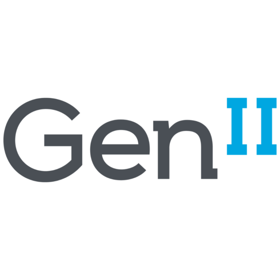 A charcoal gray and sky blue logo for Gen II.