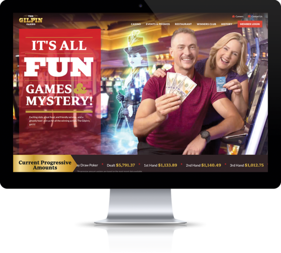 Gamblers smile on the new website for The Gilpin Casino. The website is shown on a desktop computer.
