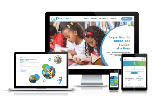 The new J3 Foundation website is shown on a laptop, desktop, smartphone, and tablet.