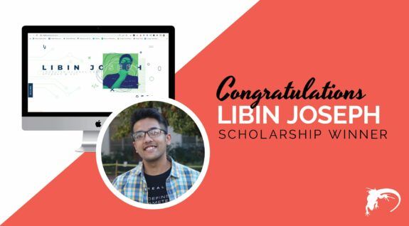 Lounge Lizard Web Design Scholarship Winner, Libin Joseph, is pictured with his winning website: thelibin.com.