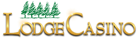 A gold logo for The Lodge Casino with evergreen trees.