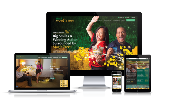 The Lodge Casino's new website design is shown on a laptop, desktop, smartphone, and tablet.
