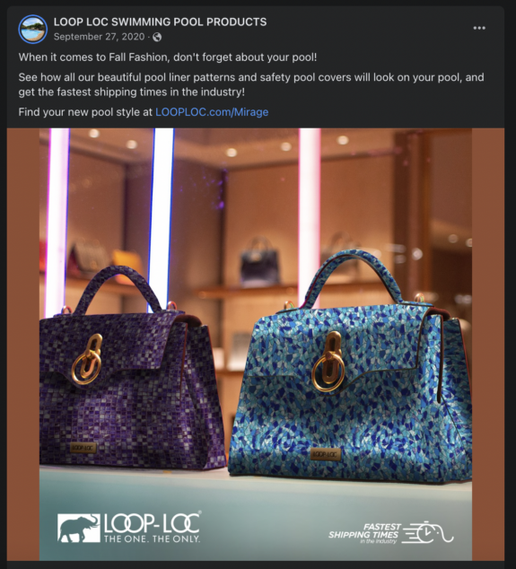 Facebook ad picturing two purses with pool liner patterns