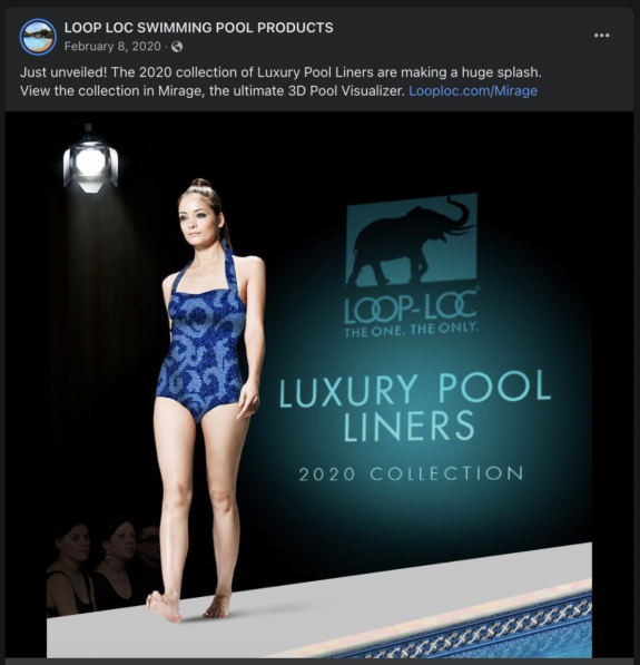 Facebook ad picturing runway model donning a pool liner pattern bathing suit