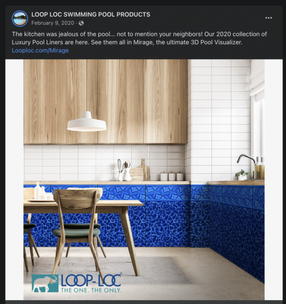 Facebook ad picturing a kitchen with pool liner patterns on cabinets