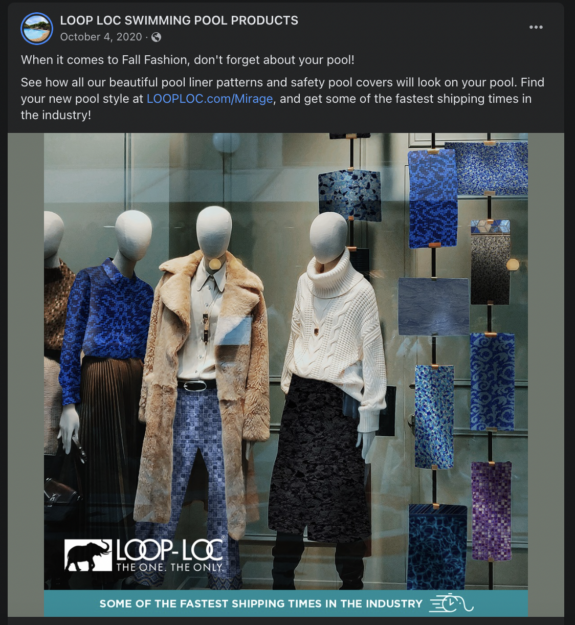 Facebook ad picturing mannequins don clothing with pool liner patterns