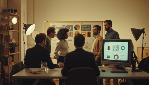 Lucid origin_Mid century_advertising_studio_scene_confident_creative_team_reviewing_a_brand_i 0