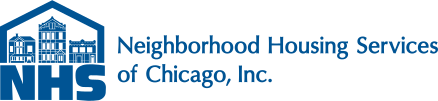 A blue and white logo depicting three homes for NHS Housing Services of Chicago, Inc.