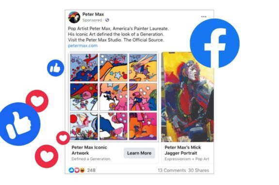 Peter Max Facebook Ad with Social Icon Accents