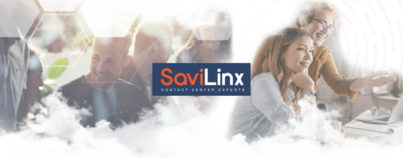 SaviLinx call center teams engage and interact within a cloud image.