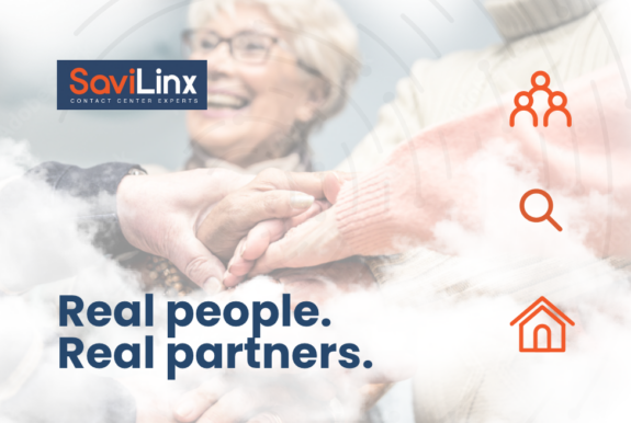 SaviLinx homepage image features the company logo, team members clasping hands, clouds, and the headline 