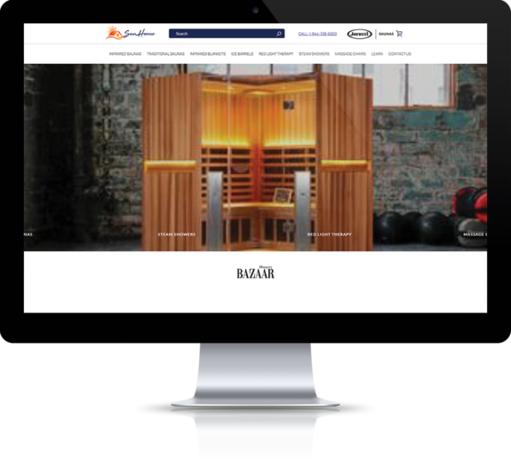 The old Sun Home Saunas website is shown on a desktop computer.