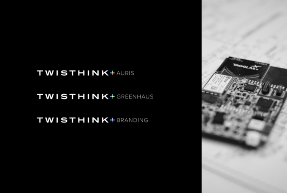 Twisthinks product names are at left with a black and white circuit board at right.