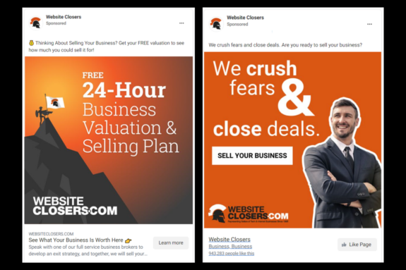 Two Facebook ads sit next to each other. The first shows a graphic of a mountain and the other features a man in a suit.