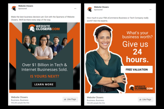 Two Facebook ads sit next to each other and feature businesswomen and one businessman.
